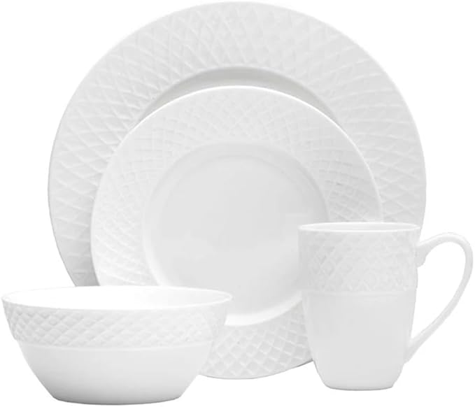 Mikasa Trellis Bone China 16-Piece Dinnerware Set, Service for 4, White Lightweight Porcelain with Textured Design, Chip-Resistant and Dishwasher Safe