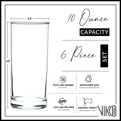 Vikko Water Glasses, Set of 6 Drinking Glasses, Thick and Durable Tumbler, 10 Ounce Tall Kitchen Glasses, Dishwasher Safe Highball Glass Tumbler, Heavy Duty Cups