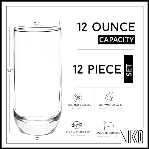 Vikko Drinking Glasses, 12 Oz Drinking Glasses Set of 12, Crystal Clear Glass Cups for Water or Juice, Highball Glass Tumbler & Water Glasses for Drinking…