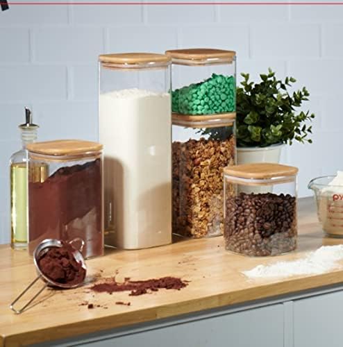 5 Square Canisters, Glass Kitchen Canister with Airtight Bamboo Lid, Glass Storage Jars for Kitchen, Bathroom and Pantry Organization Ideal for Flour, Sugar, Coffee, Candy, Snack & More