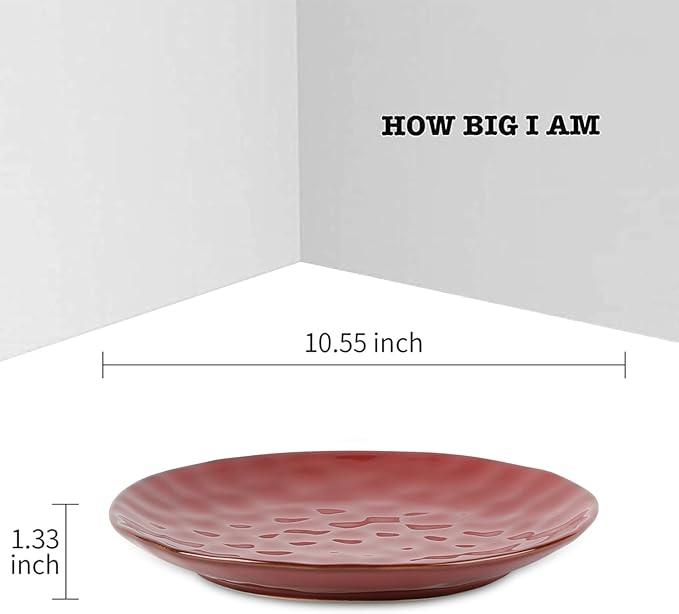vicrays Ceramic Dinner Plates Set, 10.5 Inch, Set of 6, Round, Microwave, Oven, Dishwasher Safe, Porcelain Fluted Suitable for Steak, Pasta, Pizza, Home, Party, Restaurant (Cherry Red)