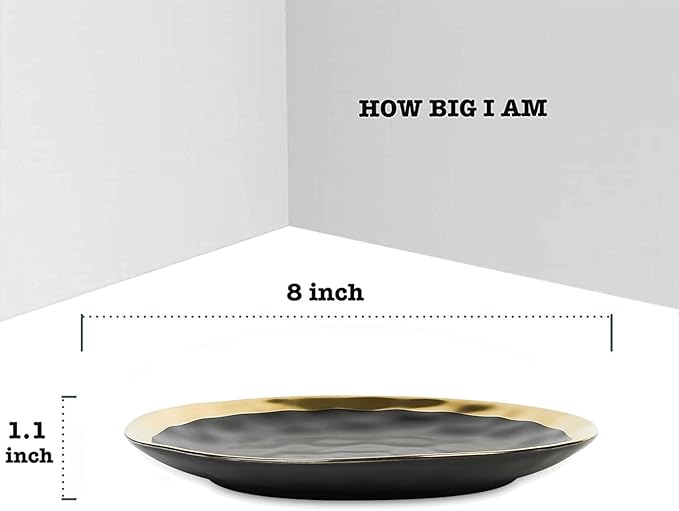 vicrays Ceramic Dessert Salad Plates, 8 Inch, Set of 6, Round, Dishwasher Safe, NOT Microwave Safe, Scratch Resistant, Suitable for Appetizer, Home, Restaurant (Black with Golden)