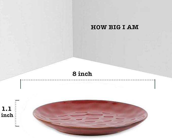 vicrays Ceramic Dessert Salad Plates, 8 Inch, Set of 6, Round, Microwave, Oven, and Dishwasher Safe, Scratch Resistant, Porcelain Fluted Suitable for Snacks, Appetizer, Home, Restaurant (Cherry Red)