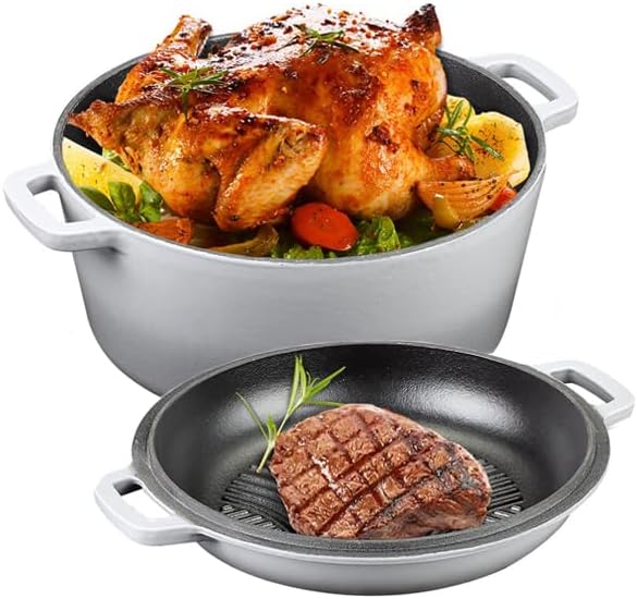 5Qt Dutch Oven, 2-In-1 Enamel Cast Iron Dutch Oven Pot with Skillet Lid, Heavy Duty Oven Safe Cookware for Sourdough Bread Baking Braising, Roasting Stewing Frying Simmering, Multi Stoves, Easy Clean (Gradient Grey)