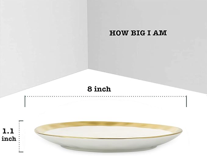 vicrays Ceramic Dessert Salad Plates, 8 Inch, Set of 6, Round, Dishwasher Safe, NOT Microwave Safe, Scratch Resistant, Suitable for Appetizer, Home, Restaurant (White with Golden)