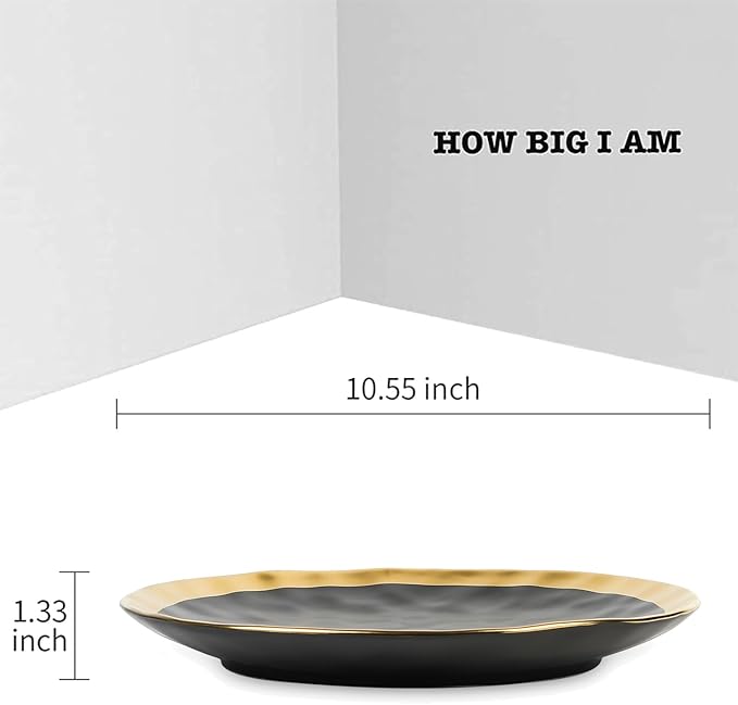 vicrays Ceramic Dinner Plates Set, 10 Inch, Set of 6, Round, Dishwasher Safe, NOT Microwave Safe, Suitable for Steak, Pasta, Home, Party, Restaurant（Black with Golden）