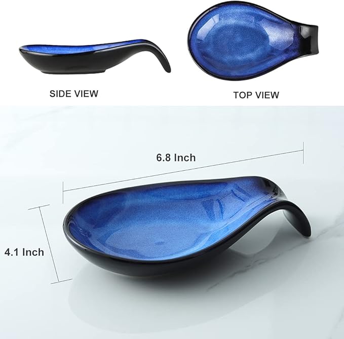 Nihow Ceramic Spoon Rest: 4 Inch Stable Utensil Rest - Heat Resistant Spoon Holder for Kitchen counter/Countertop/Stove Top - Dishwasher Safe - Elegant Black & Blue (Set of 2)