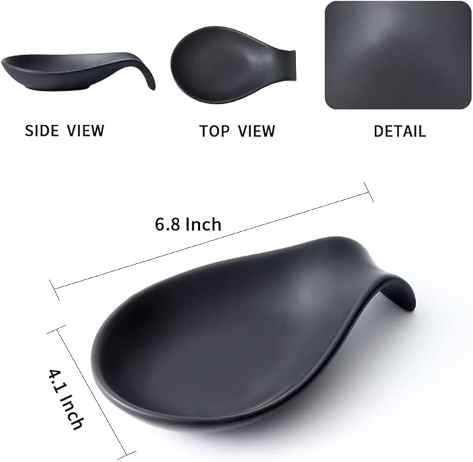 Nihow Ceramic Spoon Rest: 4 Inch Stable Utensil Rest - Heat Resistant Spoon Holder for Kitchen counter/Countertop/Stove Top - Dishwasher Safe - Matte Black (Set of 2)