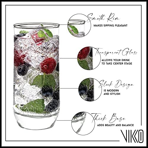 Vikko Drinking Glasses, 12 Oz Drinking Glasses Set of 6, Crystal Clear Glass Cups for Water or Juice, Highball Glass Tumbler & Water Glasses for Drinking