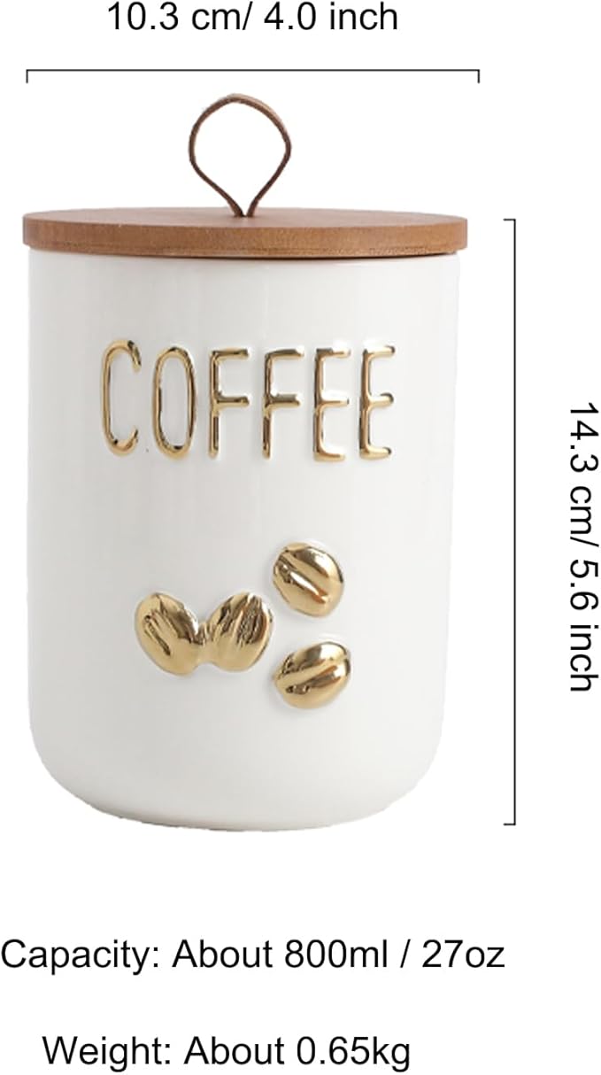 YYW Kitchen Canisters for Countertop, White Airtight Ceramic Canister with Seal Wooden Lid Storage Container for Coffee Bean Ground Coffee Sugar and Tea (White(coffee))
