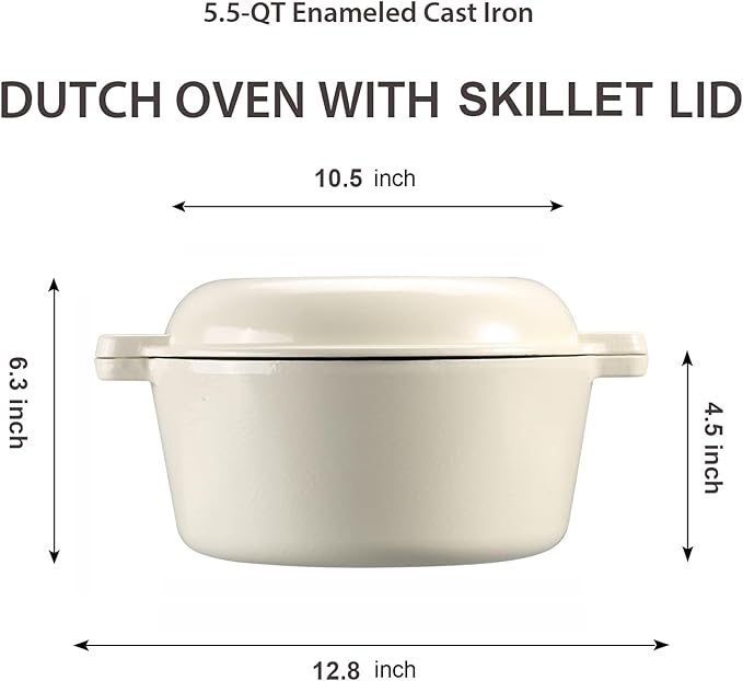 5Qt Dutch Oven, 2-In-1 Enamel Cast Iron Dutch Oven Pot with Skillet Lid, Heavy Duty Oven Safe Cookware for Sourdough Bread Baking Braising, Roasting Stewing Frying Simmering, Multi Stoves, Easy Clean (White)