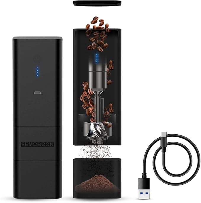 A2 Portable Electric Coffee Grinder, Cordless Burr Grinder USB Rechargeable Coffee Grinder Magnetic Grounds Cup for Espresso Pour Over Travel & Home Brewing, Black