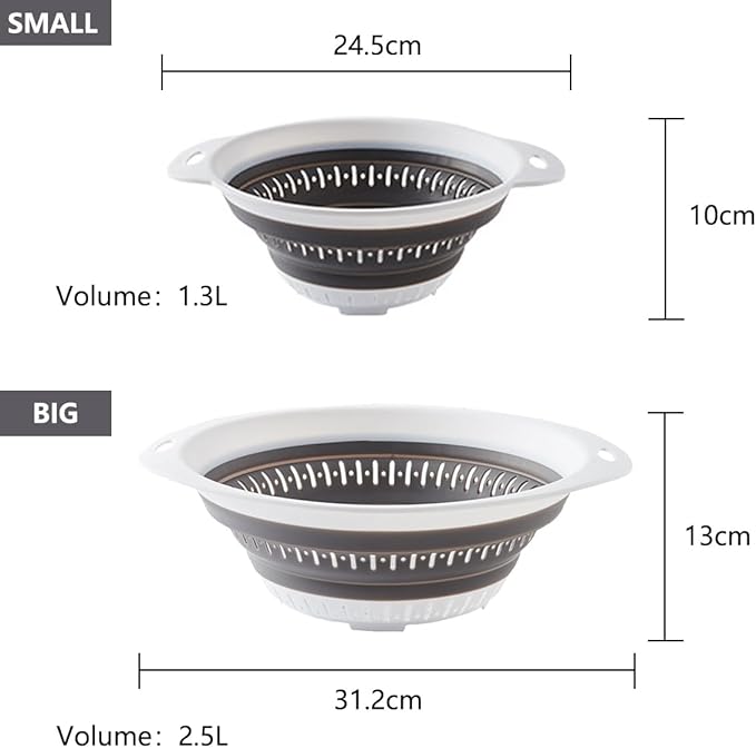 Collapsible Colander and Strainer,Silicone Strainer Colanders & Food Strainers,for Vegetable and Fruit, Kitchen Essentials (2, Green, 1.3L+2.5L)