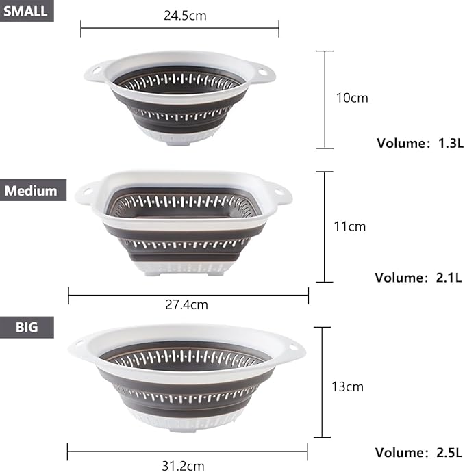 Collapsible Colander and Strainer,Silicone Strainer Colanders & Food Strainers,for Vegetable and Fruit, Kitchen Essentials (3, Green, 1.3L+2.1L+2.5L)