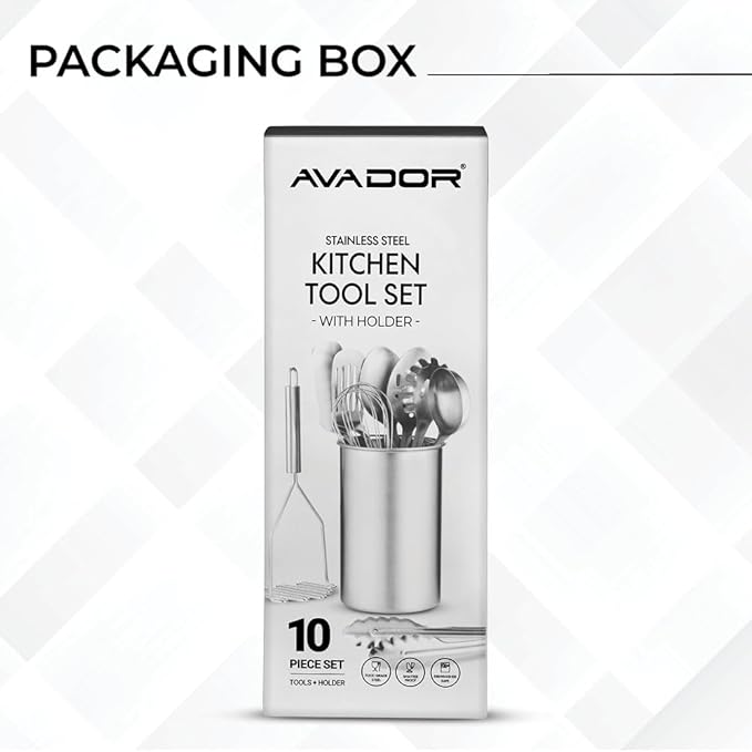 Avador® Premium Set of 10 Stainless Steel (WHITE HOLDER) Kitchen Tool Set with Holder Easy To Clean, Space Saving, Great for Cooking, Baking, Prepping (WHITE)
