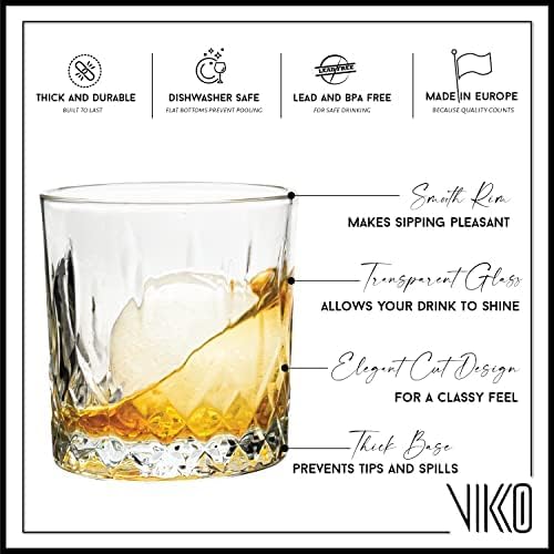 Vikko Whiskey Glasses, Set of 12 Old Fashioned Glasses, Crystal Style Glass Tumblers, 11.25 Ounce Capacity, Elegant Design, Dishwasher Safe
