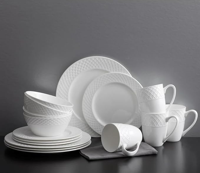 Mikasa Trellis Bone China 16-Piece Dinnerware Set, Service for 4, White Lightweight Porcelain with Textured Design, Chip-Resistant and Dishwasher Safe