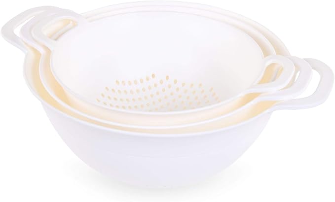 Mintra Home Colanders 3pk, (Assorted 3pk, White), (3pk includes 3 assorted sizes), Colorful, Fruit, Veggies, Pasta, Strainer, Dishwasher Safe, BPA Free, Durable, Heavy Duty