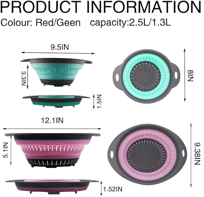 Collapsible Colander Set, Square Round Triangles Silicone Kitchen Strainer Perfect for Draining Pasta Vegetable fruit 2 PCS (Green & Red, 12"L x 9.5"W x 2.3"H)
