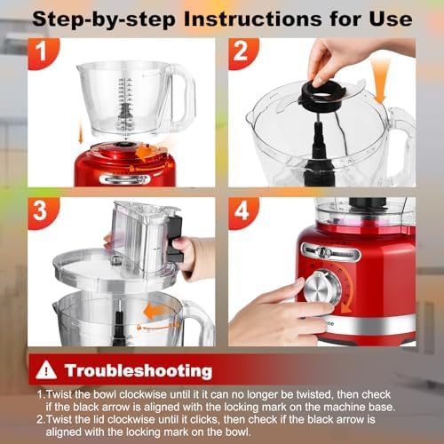 Homtone 16 Cup Food Processor, Large Food Processors, 6 Preset Modes Vegetable Chopper Electric, 6 Blades 8 Functions for Home Use, Stepless Speed Control, 650W, Red