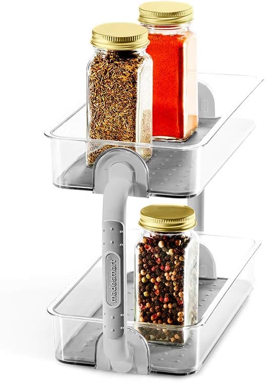madesmart 2-Tier Plastic Multipurpose Kitchen Spice Organizer, Condiment Storage Spice Shelf for Cabinet Organization, Gray (Pack of 2)
