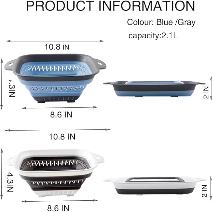 Collapsible Colander Set, Square Round Triangles Silicone Kitchen Strainer Perfect for Draining Pasta Vegetable fruit 2 PCS (10.8"L x 8.6"W x 2"H, Blue & Gray)