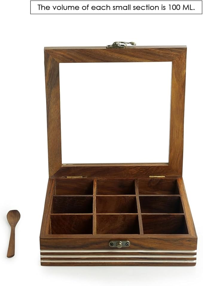 ExclusiveLane Wooden Spice Box | Masala Dabba with 9 Compartments | Size - 8x8x2 inches | Namak Daani with Spoon & See Through Lid | Sheesham Wood Spices Organizer | Kitchen Spices Container