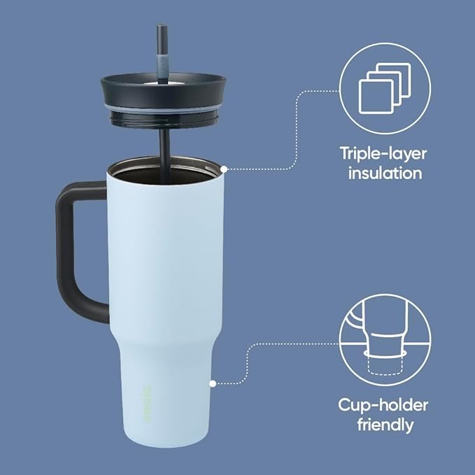Owala Stainless Steel Triple Layer Insulated Travel Tumbler with Spill Resistant Lid, Straw, and Carry Handle, BPA Free, 40 oz, Blue (The Great Blue)
