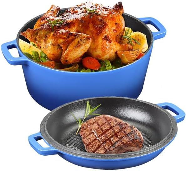 5Qt Dutch Oven, 2-In-1 Enamel Cast Iron Dutch Oven Pot with Skillet Lid, Heavy Duty Oven Safe Cookware for Sourdough Bread Baking Braising, Roasting Stewing Frying Simmering, Multi Stoves, Easy Clean (Gradient Blue)
