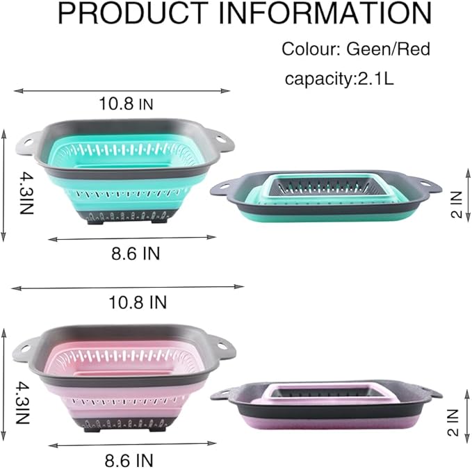 Collapsible Colander Set, Square Round Triangles Silicone Kitchen Strainer Perfect for Draining Pasta Vegetable fruit 2 PCS (10.8"L x 8.6"W x 2"H, Red & Green)