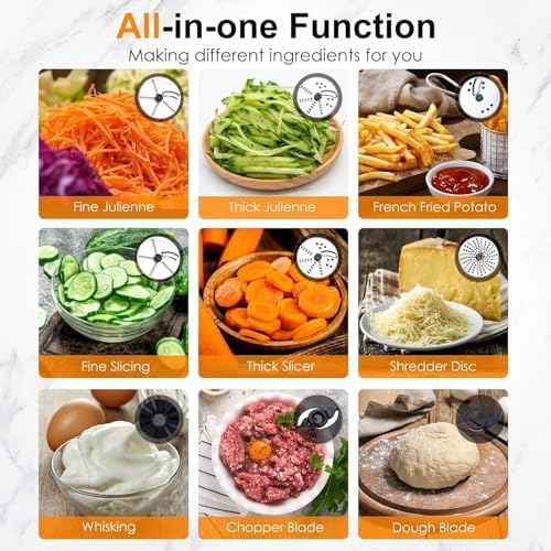 Homtone 16 Cups Food Processor, Large Food Processors with French Fry Cutter, 9 Functions 7 Blades for Shredding, Slicing, Doughing, Emulsfying and Meat Chopping for Home Use, 3 Speeds, 600W, Sliver