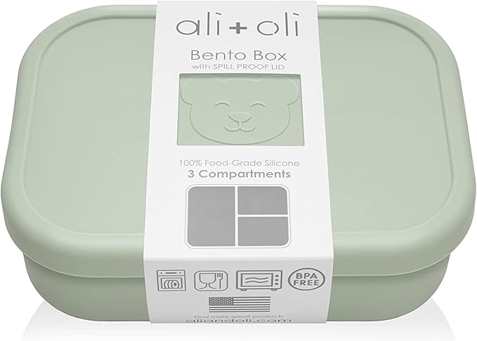 Ali+Oli Silicone Bento Box (Pine) Lunch Box for Kids, Toddlers, Preschoolers & Adults | BPA-Free and Spill-Proof | Ideal for School, and On-the-Go Meals| Perfect for Lunch, Snacks, and Meals