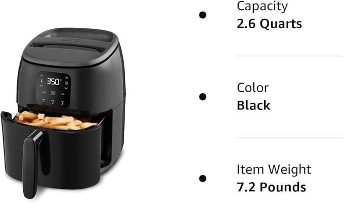 DASH Tasti-Crisp™ Electric Air Fryer Oven, 2.6 Qt., Black – Compact Air Fryer for Healthier Food in Minutes, Ideal for Small Spaces - Auto Shut Off, Digital, 1000-Watt