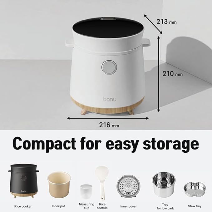 Banu Mini Low Carb Rice Cooker Japanese Low Carb Rice Cooker 3 Cups (white rice), 1 Cup (Low carb rice) Uncooked with Stainless Steel Steamer, Rice Maker Low Sugar Rice Function, 24H Delay Timer & Auto Keep Reduce One-Touch Cooking - White