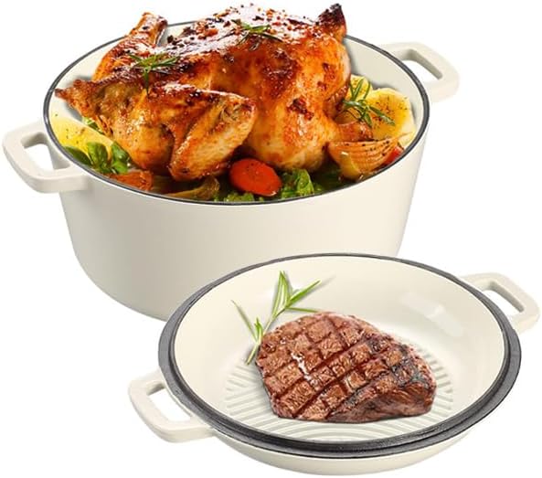 5Qt Dutch Oven, 2-In-1 Enamel Cast Iron Dutch Oven Pot with Skillet Lid, Heavy Duty Oven Safe Cookware for Sourdough Bread Baking Braising, Roasting Stewing Frying Simmering, Multi Stoves, Easy Clean (White)