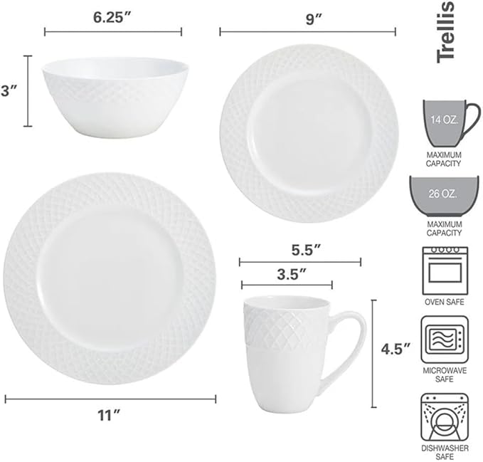 Mikasa Trellis Bone China 16-Piece Dinnerware Set, Service for 4, White Lightweight Porcelain with Textured Design, Chip-Resistant and Dishwasher Safe