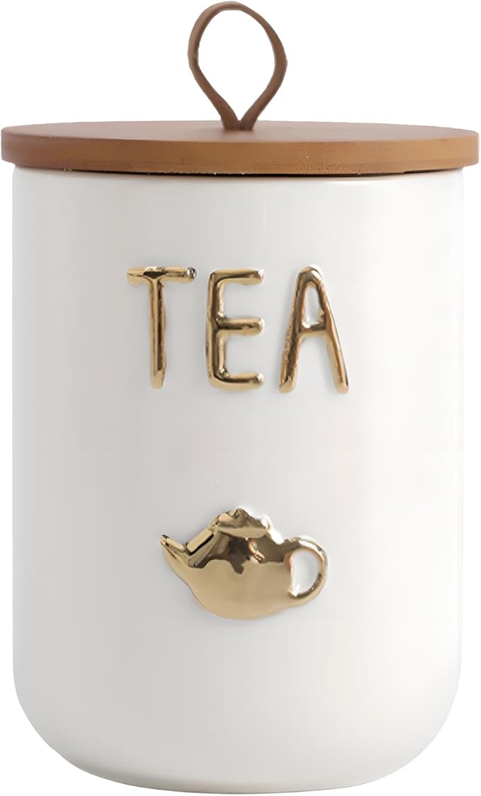 YYW Kitchen Canisters for Countertop, White Airtight Ceramic Canister with Seal Wooden Lid Storage Container for Coffee Bean Ground Coffee Sugar and Tea (White(tea))