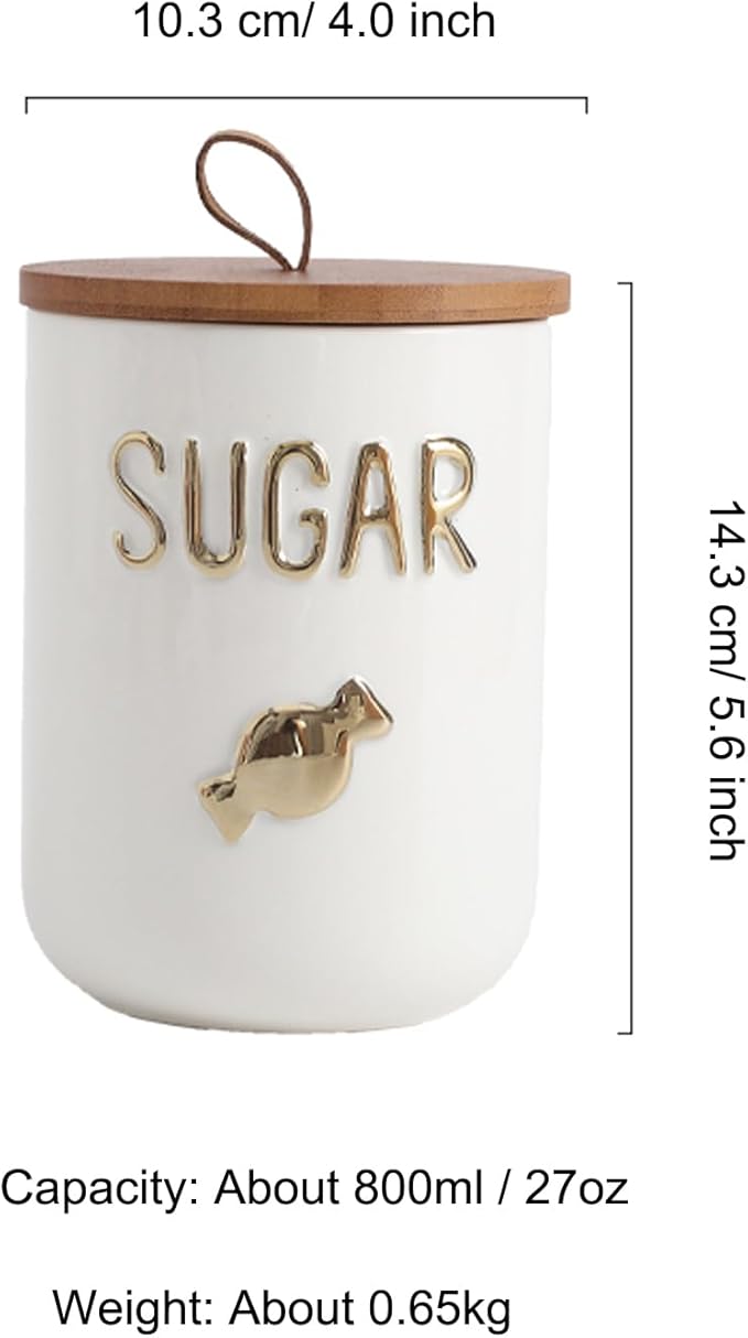 YYW Kitchen Canisters for Countertop, White Airtight Ceramic Canister with Seal Wooden Lid Storage Container for Coffee Bean Ground Coffee Sugar and Tea (White(sugar))