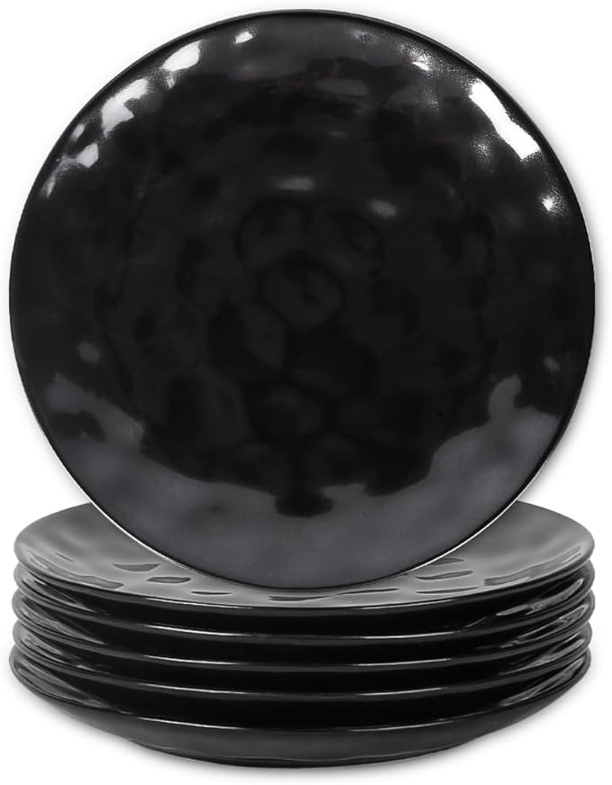 vicrays Ceramic Dessert Salad Plates, 8 Inch, Microwave, Oven, and Dishwasher Safe, Round, Porcelain Fluted Suitable for Snacks, Appetizer, Home, Party, Restaurant - Set of 6 Black