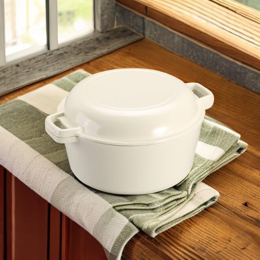 5Qt Dutch Oven, 2-In-1 Enamel Cast Iron Dutch Oven Pot with Skillet Lid, Heavy Duty Oven Safe Cookware for Sourdough Bread Baking Braising, Roasting Stewing Frying Simmering, Multi Stoves, Easy Clean (White)