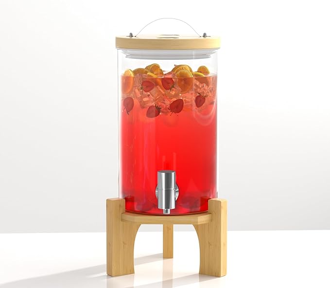 1.2 Gallon Glass Drink Dispenser For Parties, Beverage Dispenser With Bamboo Wood Stand And Stainless Steel Spigot, Countertop Water Dispenser, Lemonade Dispenser For Wedding, Picnic (1PACK)