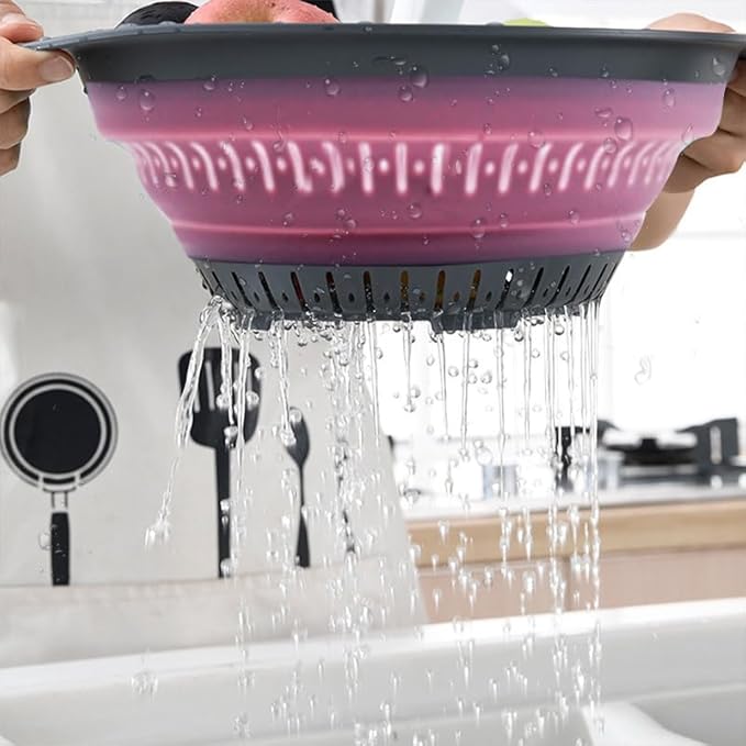 Collapsible Colander Set, Square Round Triangles Silicone Kitchen Strainer Perfect for Draining Pasta Vegetable fruit 2 PCS (Green & Red, 12"L x 9.5"W x 2.3"H)