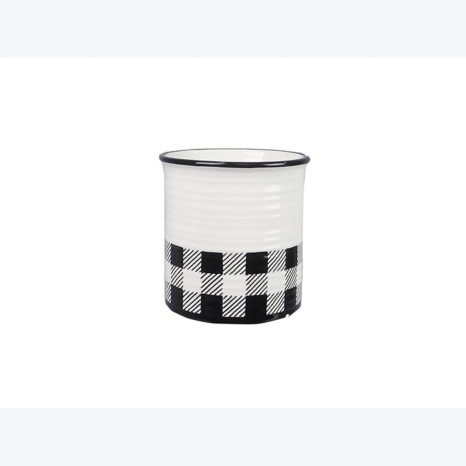 Young's Inc Buffalo Plaid Kitchen Tool Holder with Tools, Ceramic Utensil Holder for Kitchen Counter, Cooking Spoon & Spatula Holder for Counter with Utensils, Black and White