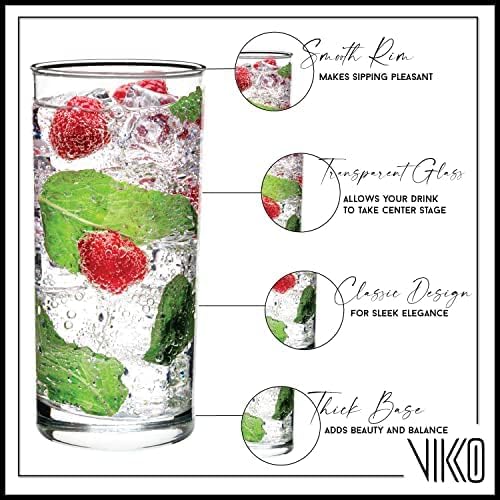 Vikko Water Glasses, Set of 12 Drinking Glasses, Thick and Durable Tumbler, 10 Ounce Tall Kitchen Glasses, Dishwasher Safe Highball Glass Tumbler, Heavy Duty Cups