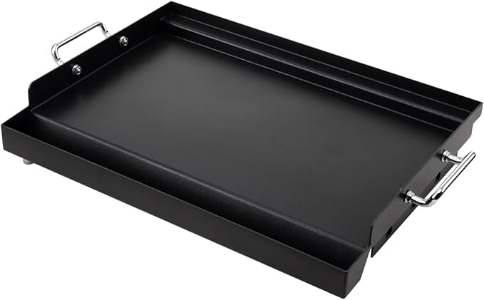 LotFun 17" x 13" Carbon Steel Cooking Griddle for Outdoor Gas Grill, Universal Griddle Flat Top Plate Insert with Grease Groove and Removable Handles for Electric/Charcoal/Gas Grill, Camping,Party