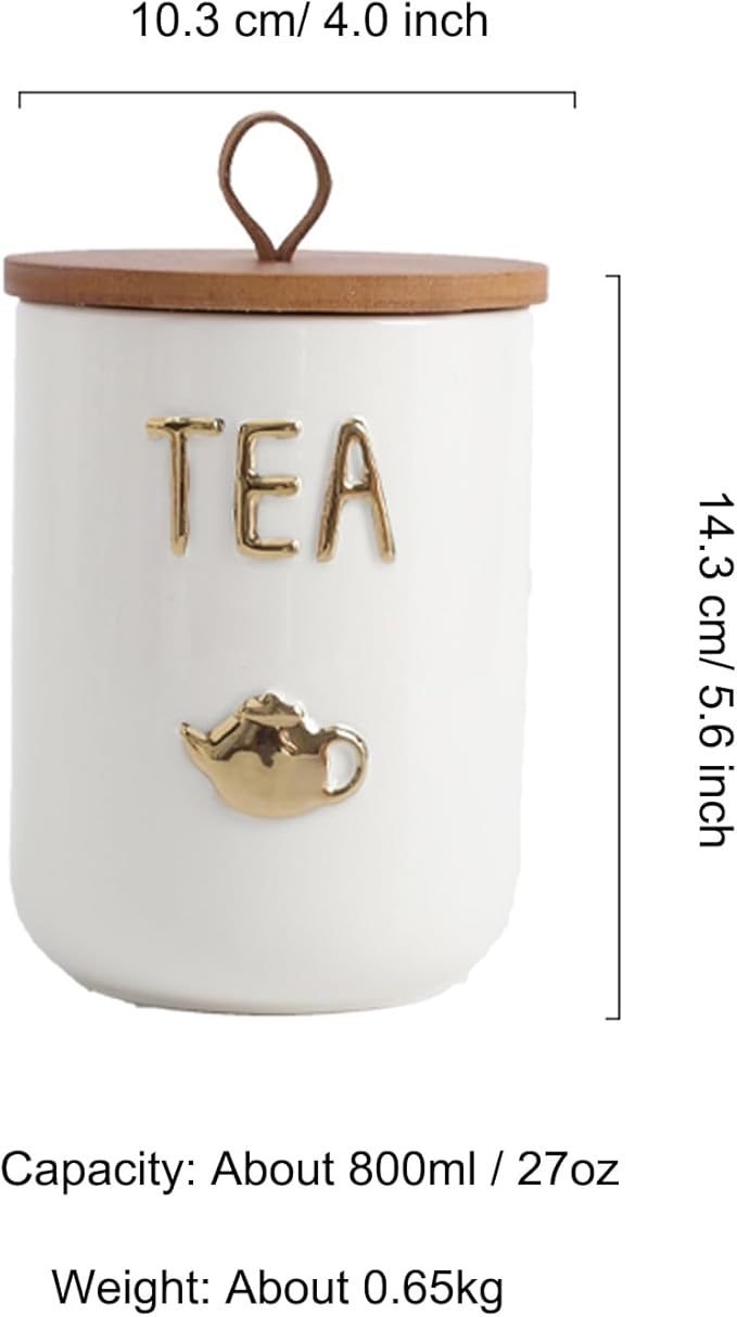 YYW Kitchen Canisters for Countertop, White Airtight Ceramic Canister with Seal Wooden Lid Storage Container for Coffee Bean Ground Coffee Sugar and Tea (White(tea))