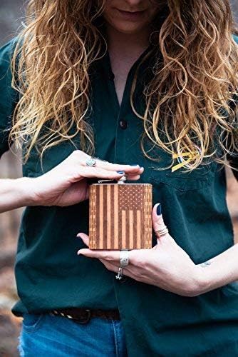 WUDN 6 oz. Wooden Hip Flask - Stainless Steel Body, Real American Flag