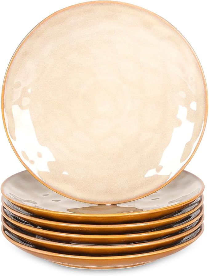 vicrays Ceramic Dessert Salad Plates, 8 Inch, Set of 6, Round, Microwave, Oven, and Dishwasher Safe, Scratch Resistant, Porcelain Fluted Suitable for Snacks, Appetizer, Home, Restaurant (Beige)
