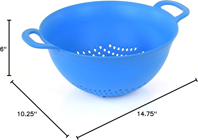 Mintra Home Plastic Strainer Colanders Set: 3, 3.5 and 5 Quart (Blue) Double Strong Handles and Deep Bowl, Safe BPA-Free - Use for Pasta, Noodles, Spaghetti, Vegetables (Assorted Sizes 3pk)
