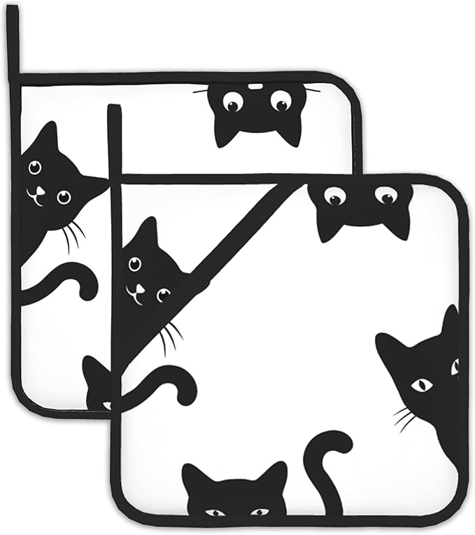 2PCS Black Cat Pot Holder with Loop,Heat Resistant Oven Pads, Hot Pat for Kitchen Cooking Baking Food